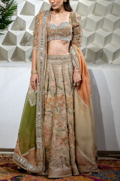 Peach floral applique embroidered lehenga set