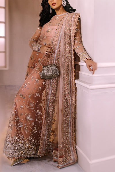 Salmon peach floral embroidery sheer kurta set