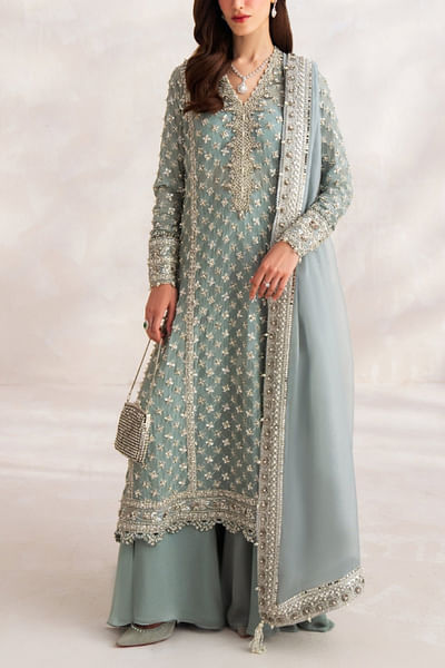 Blue embellished kurta and sharara set