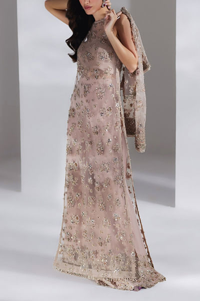 Salmon peach floral embroidery jacket kurta set