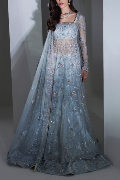 Blue floral embroidery anarkali lehenga set