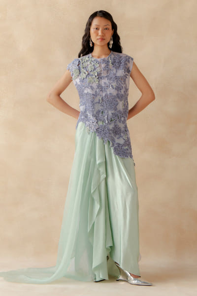 Richa Khemka Lavender and mint embroidered drape skirt set RICHJUL26D149137