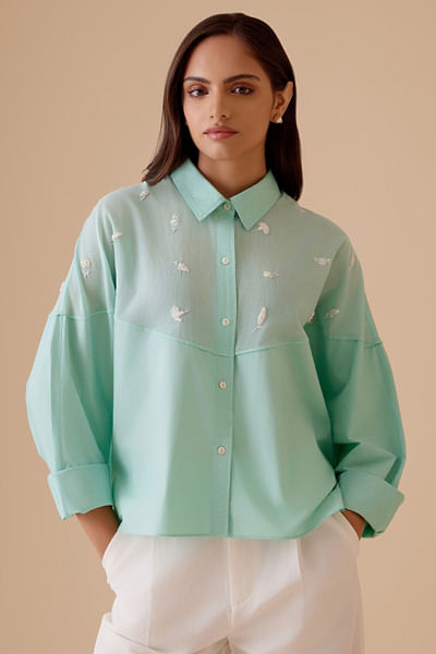Mint bead embroidered shirt