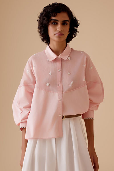 Pink bead embroidered shirt