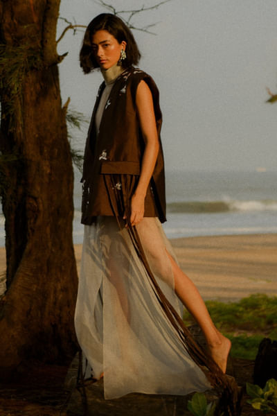 Brown and grey blazer dress and slip