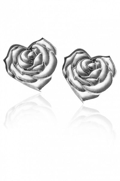 Silver heart rose stud earrings