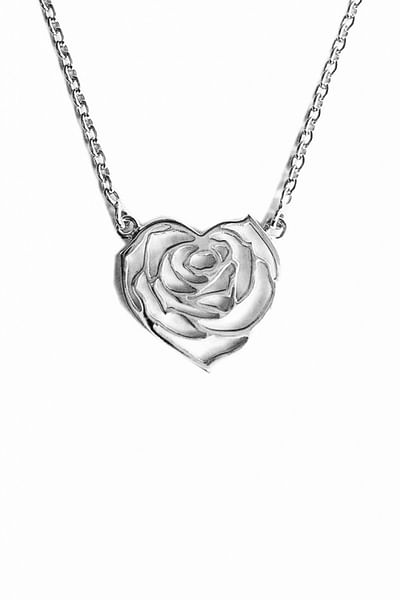 Silver heart rose necklace