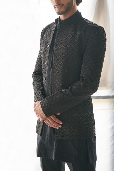 Black chevron bandhgala set