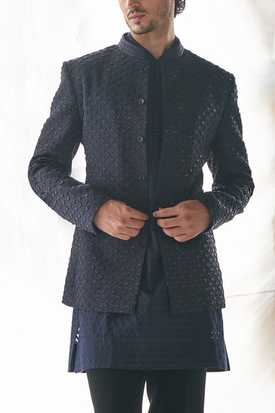 Midnight blue chevron bandhgala set