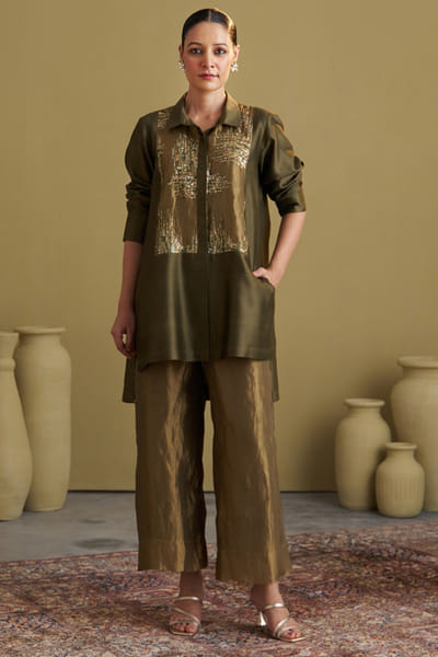 Olive green sequin embroidered co-ord set