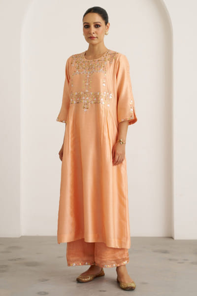 Peach and gold gota embroidered kurta set