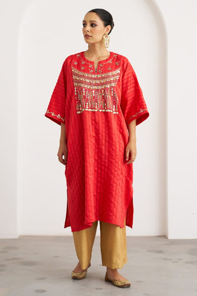 Red and gold zardozi embroidered kaftan set