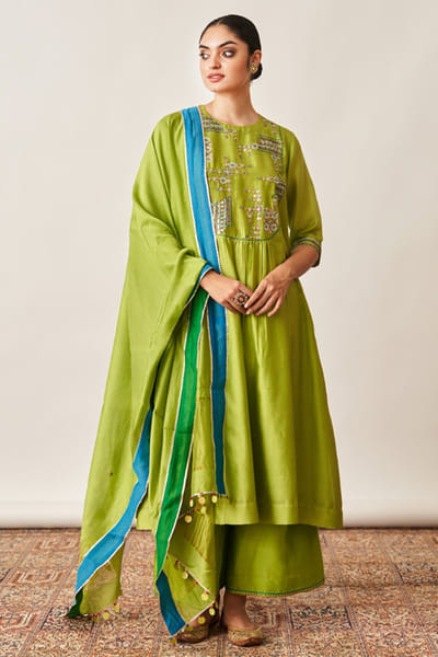 Lime green and blue gotta embroidered kurta set