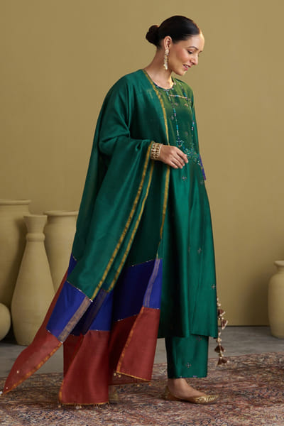 Green and blue zari embroidered silk kurta set