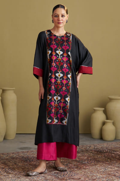 Black handwoven ikat kurta set