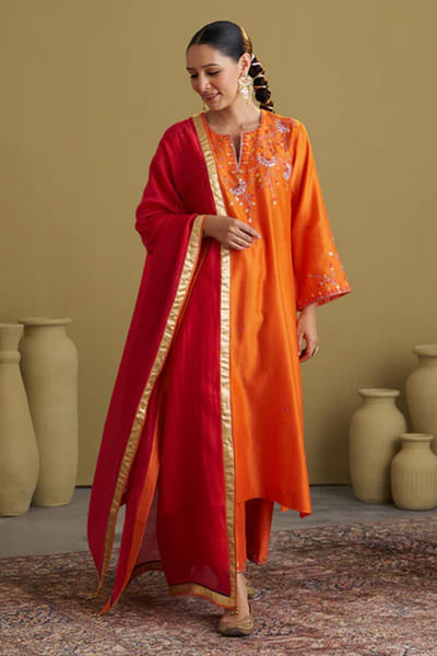Orange and red embroidered silk chanderi kurta set