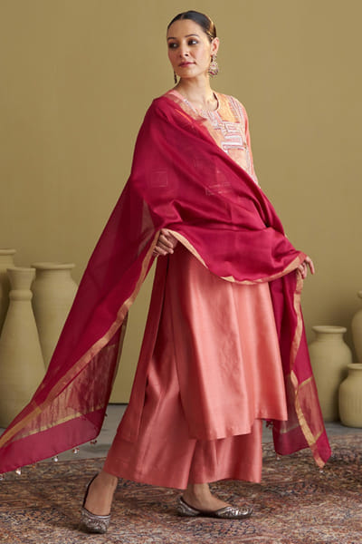 Peach and red gota embroidered kurta set