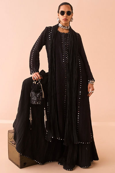 Black mirror embellished textured kurta set