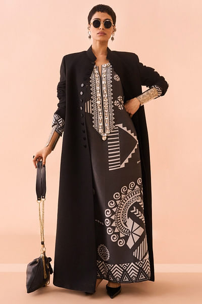 Black tribal geometric printed kaftan and coat