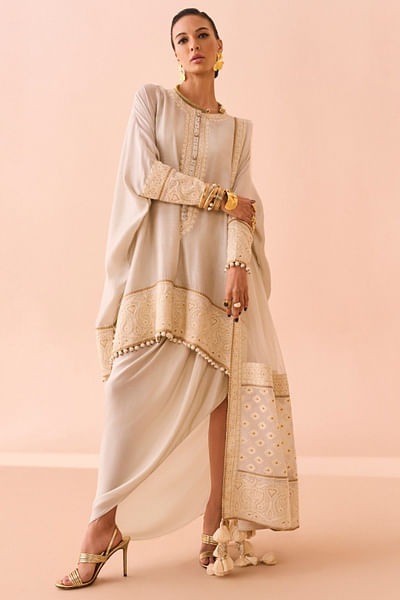 Ivory embroidered kurta and sarong set