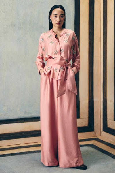 Ease Mauve butti embroidered tie up shirt-pant set EASEMAY26D144488