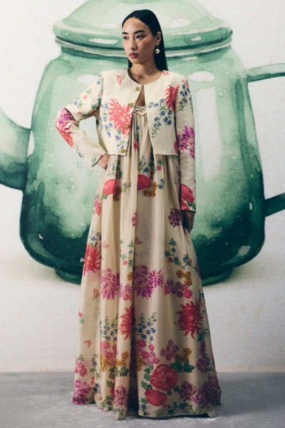 Ease Ivory floral print jacket-flared jumpsuit set EASEMAY26D144495