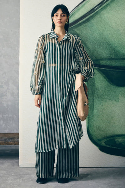 Ease Green striped hand embroidered long jacket set EASEMAY26D144503