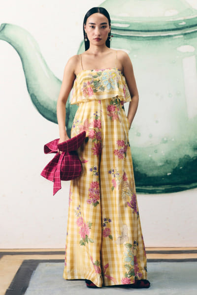Ease Yellow floral-checks print wide leg jumpsuit EASEMAY26D144506