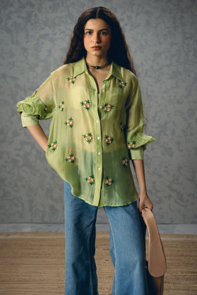 Ease Pistachio green floral butti embroidered shirt EASEMAY26D144511
