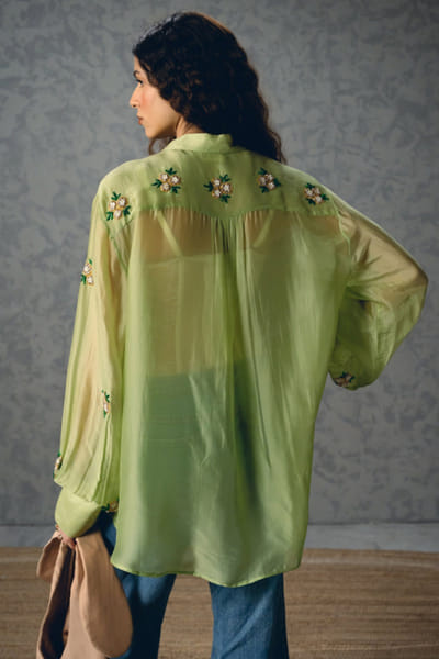 Ease Pistachio green floral butti embroidered shirt EASEMAY26D144511