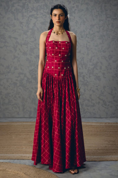 Ease Maroon checks print embroidered corset dress EASEMAY26D144510