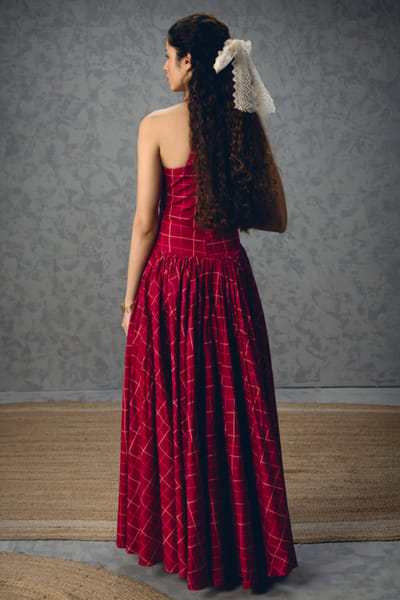Ease Maroon checks print embroidered corset dress EASEMAY26D144510