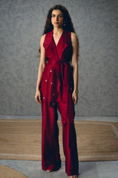Ease Burgundy embroidered sleeveless blazer set EASEMAY26D144509