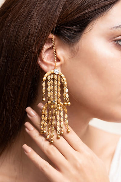 Gold bead embellished chandelier earrings