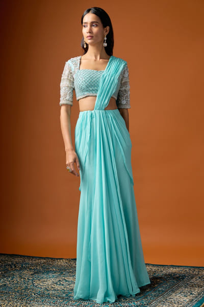 Blue cutdana embroidered drape sari set