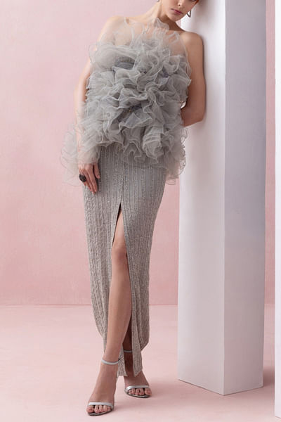 Grey ruffled top and slit skirt
