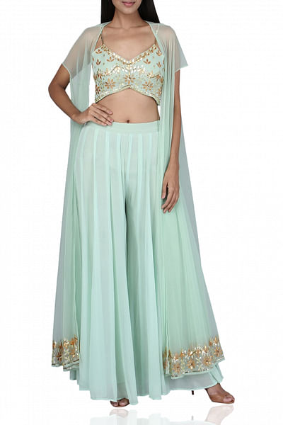 Embellished crop-top, palazzo and cape set
