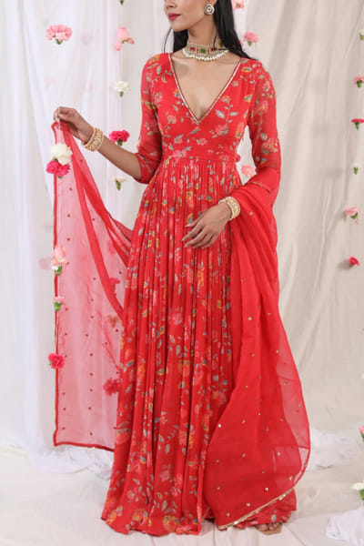 Red floral anarkali set