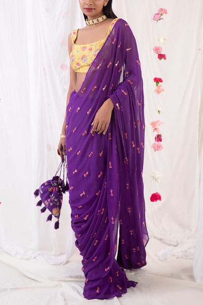Purple embellished sari set