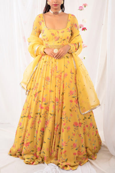 Yellow floral printed anarkali set