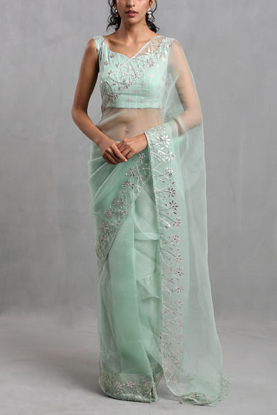 Mint green embroidered sari