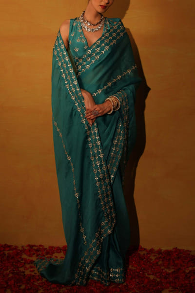 Teal green organza sari set