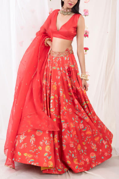 Red floral printed lehenga set