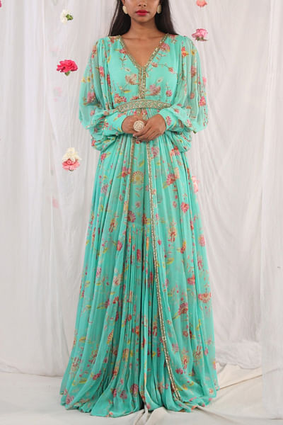 Sea green jacket anarkali and sharara set