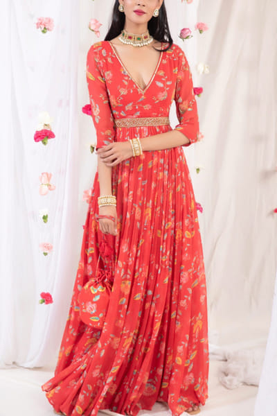 Red floral anarkali set