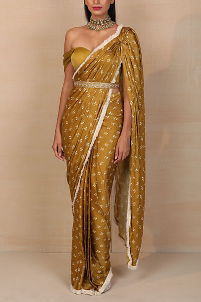 Mustard pre-draped sari set