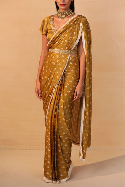 Mustard pre-draped sari set
