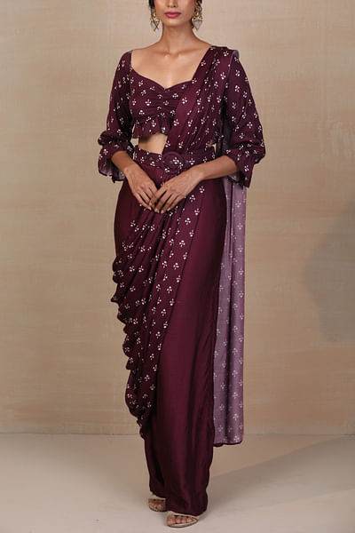 Purple printed pant sari set