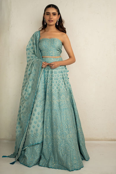 Aqua blue woven lehenga set
