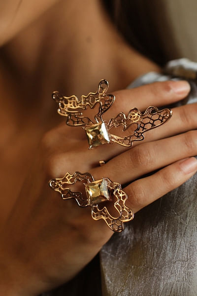 Gold Swarovski crystal double finger ring